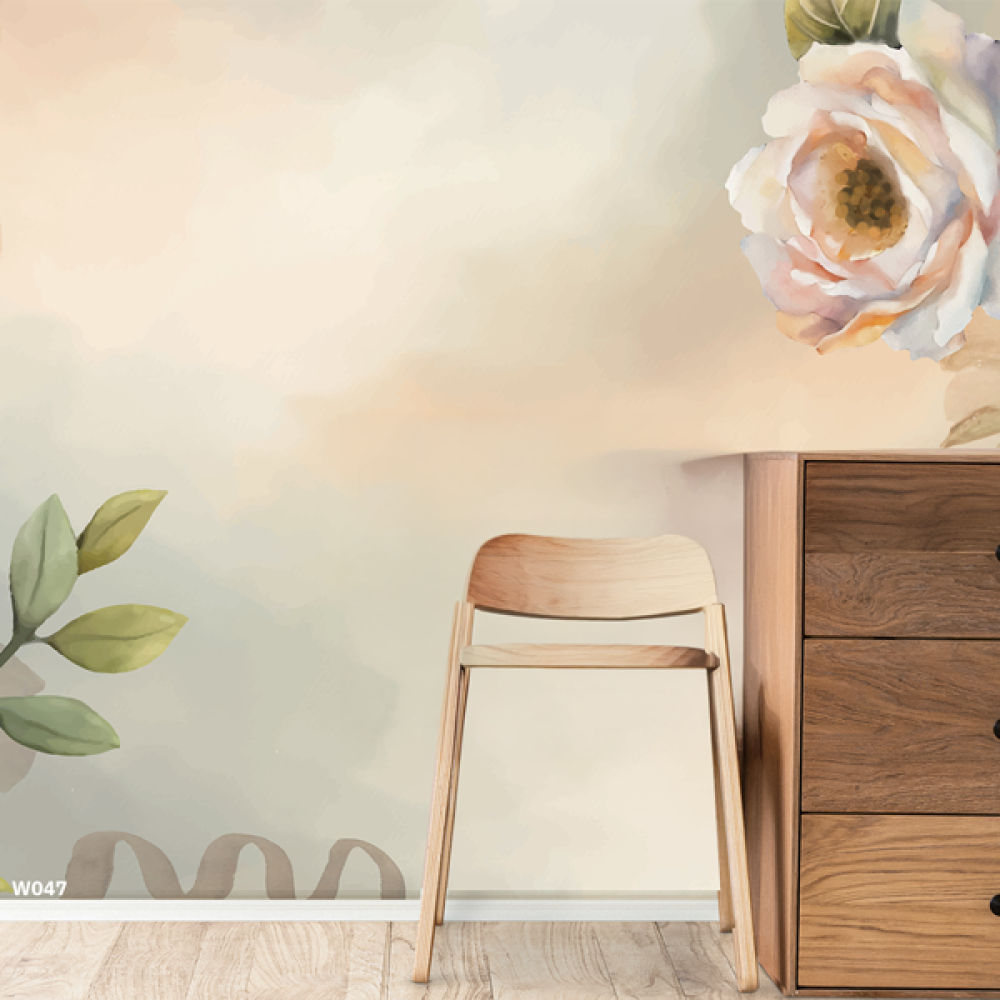 ورق حائط ، بتصميم لزهور نباتية بنمط الوان مائية - بتدرجات الوان متعددة فاتحة مثل البرتقالي والبيج والاخضر والوردي