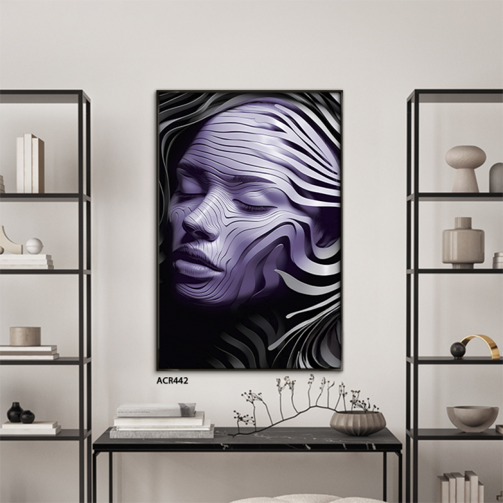 لوحة جدارية أكريليك فتاة مع تموجات بتدرجات الأسود والأبيض