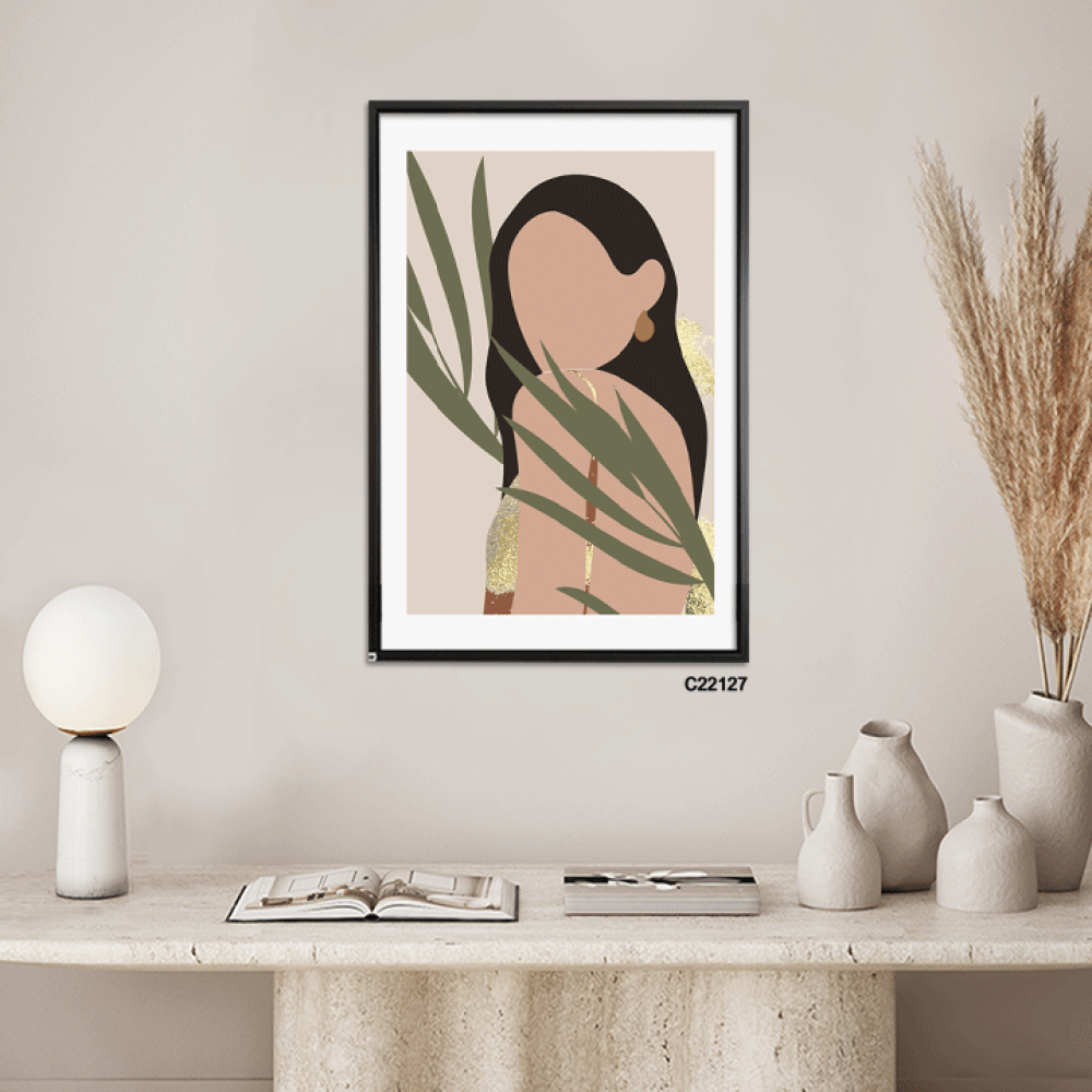Canvas Wall Art, Leaves and Girl - Brown and Beige Shades - Bohemian Art