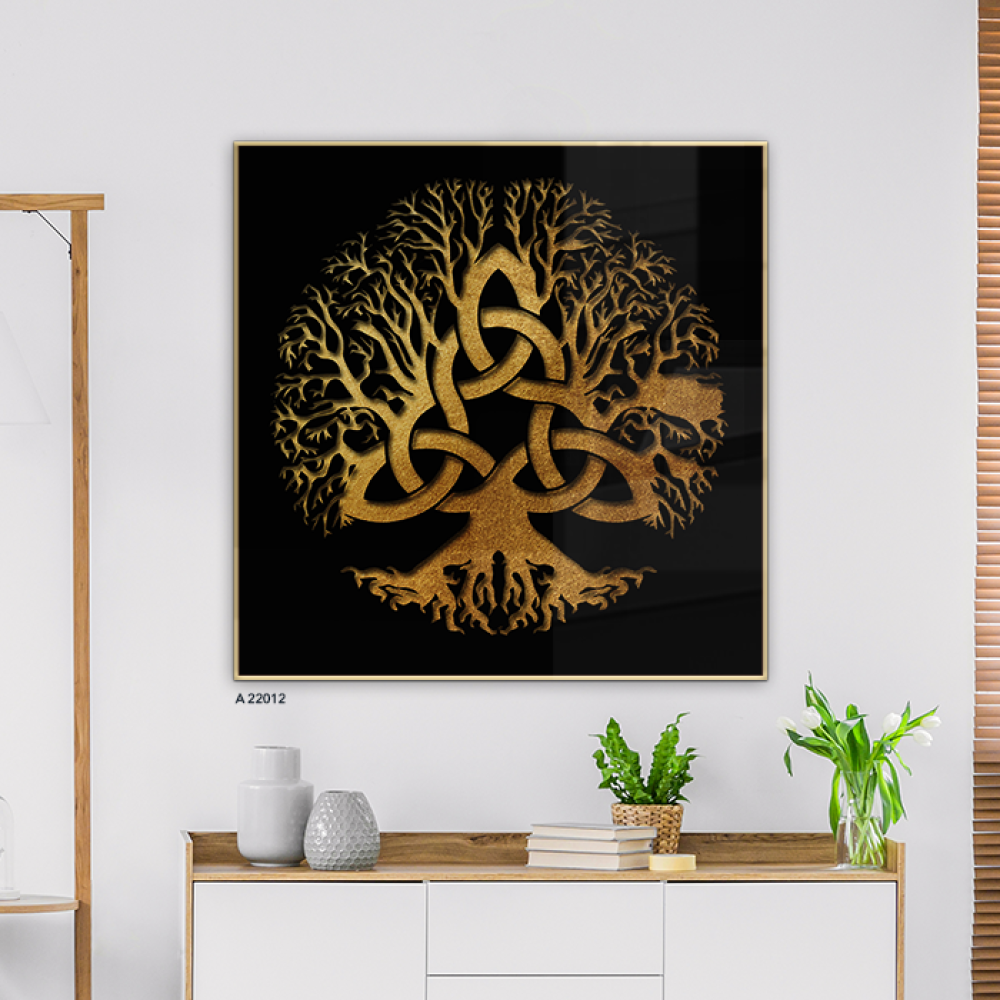 لوحة جدارية مربعة من الأكريليك بتصميم شجرة ذهبية كبيرة متشعبة