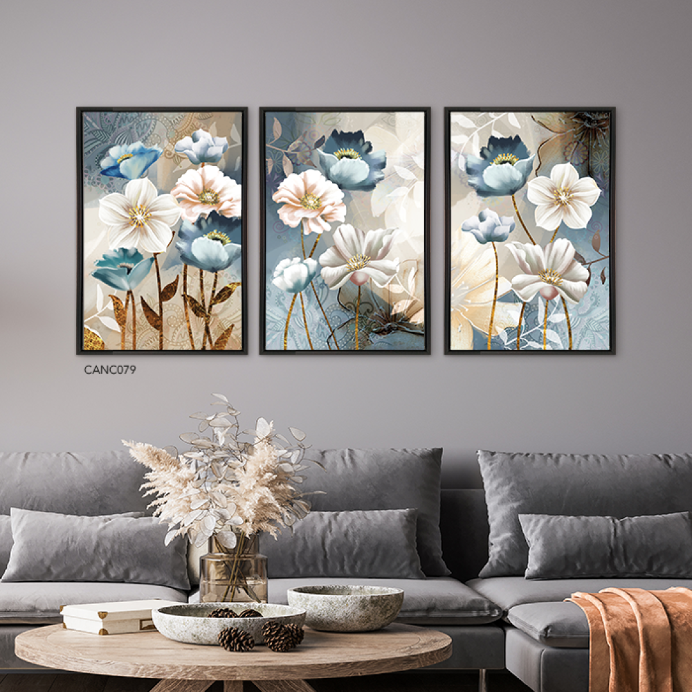 لوحة جدارية كانفس مقسمة ، ورود - تدرجات الأزرق السماوي والبني مع الأبيض والبيج