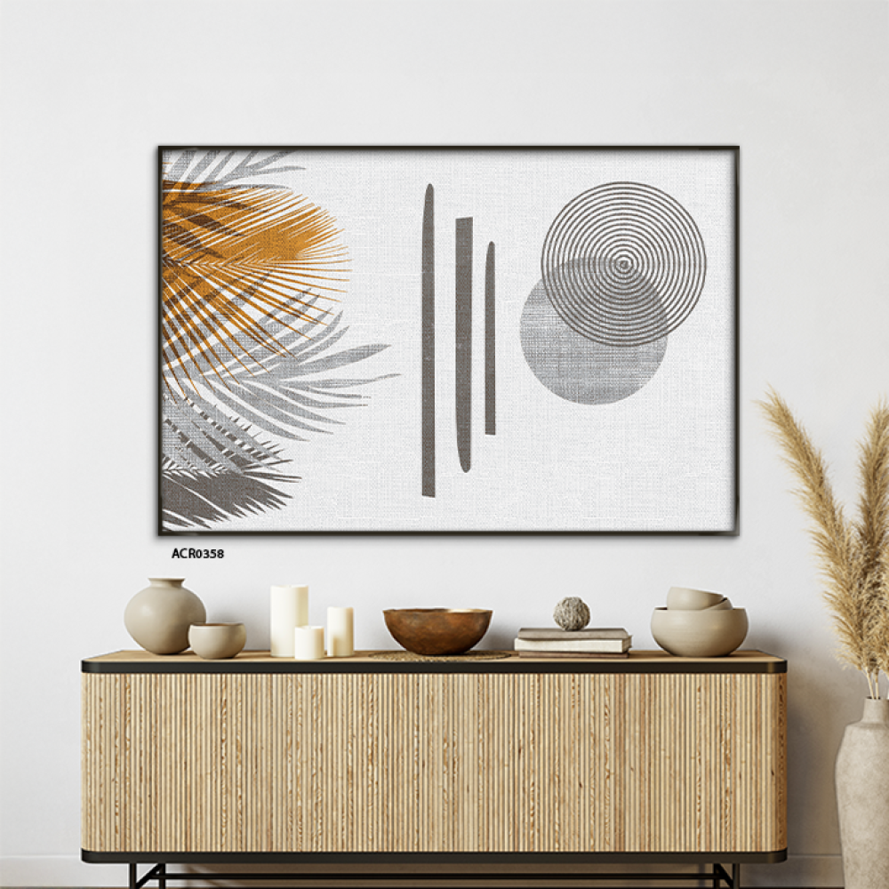 لوحة جدارية أكريليك تتميز بتصميم يتضمن أوراق شجر بتدرجات من الأبيض والذهبي.