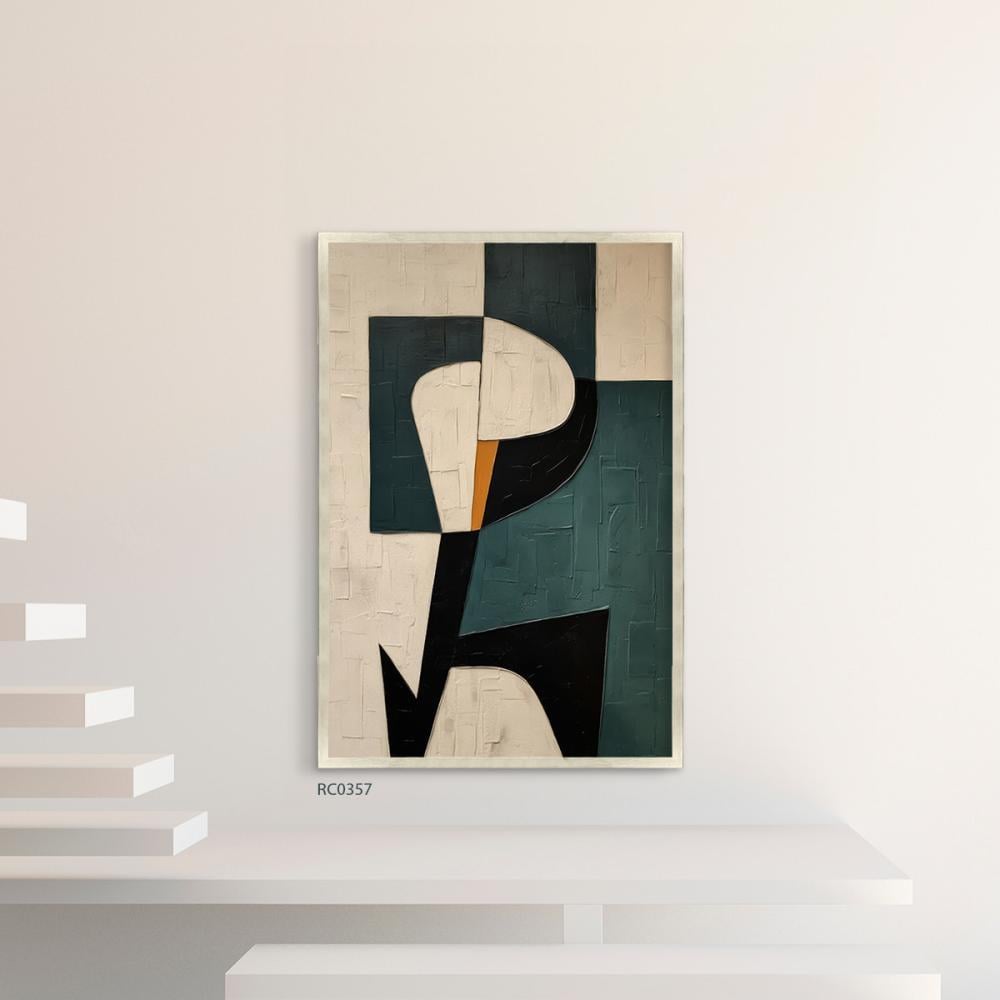 لوحة جدارية تداخل اشكال تدرجات الاخضر مع البيح والاسود