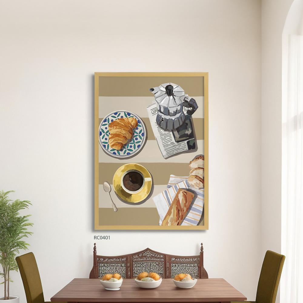 لوحة جدارية كانفس فنجان قهوه مع كرواسون تدرجات البني مع البيج