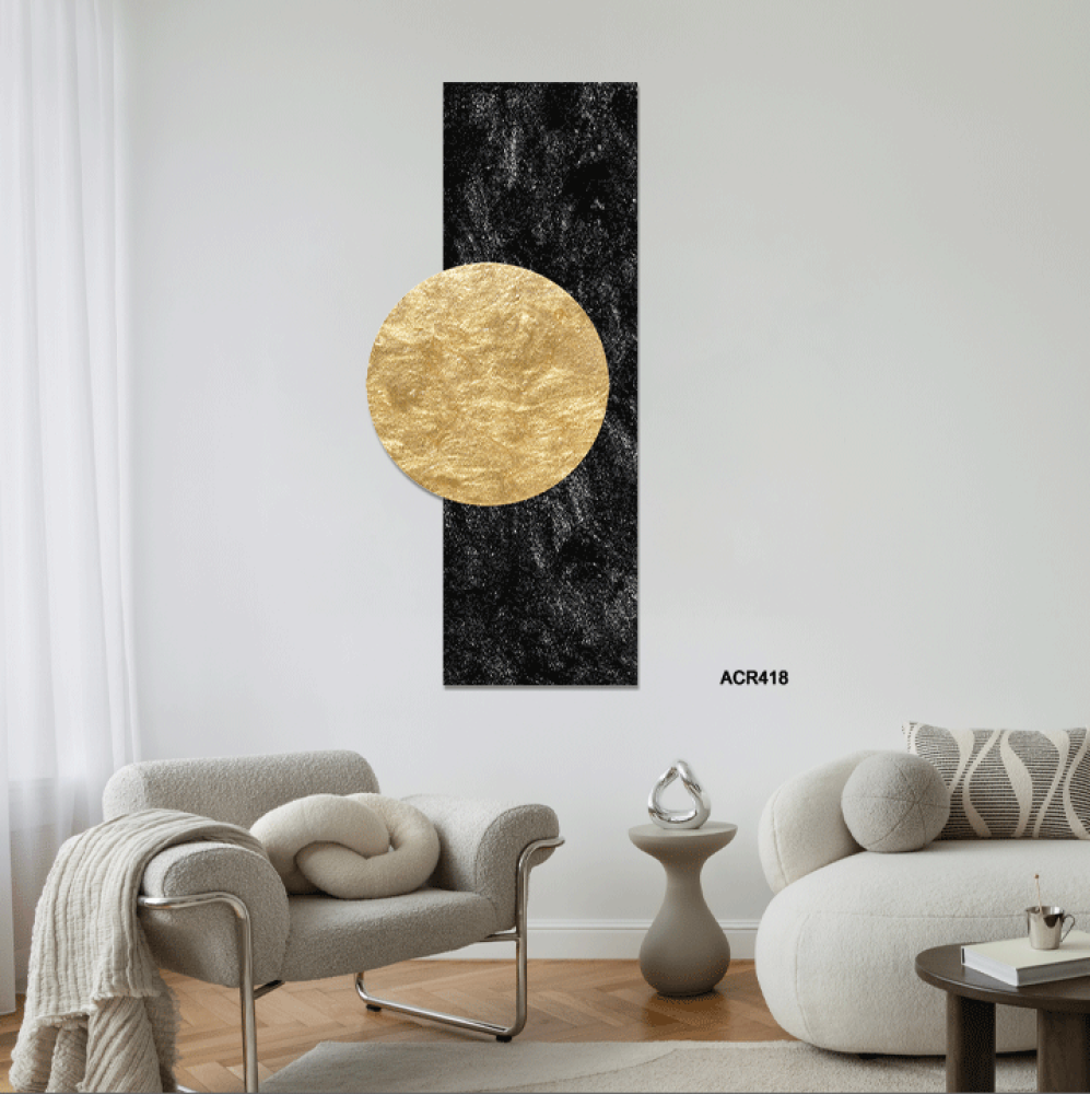 لوحات جدارية أكريليك بتصميم الدوائر والمستطيلات بتدرجات الأسود والذهبي