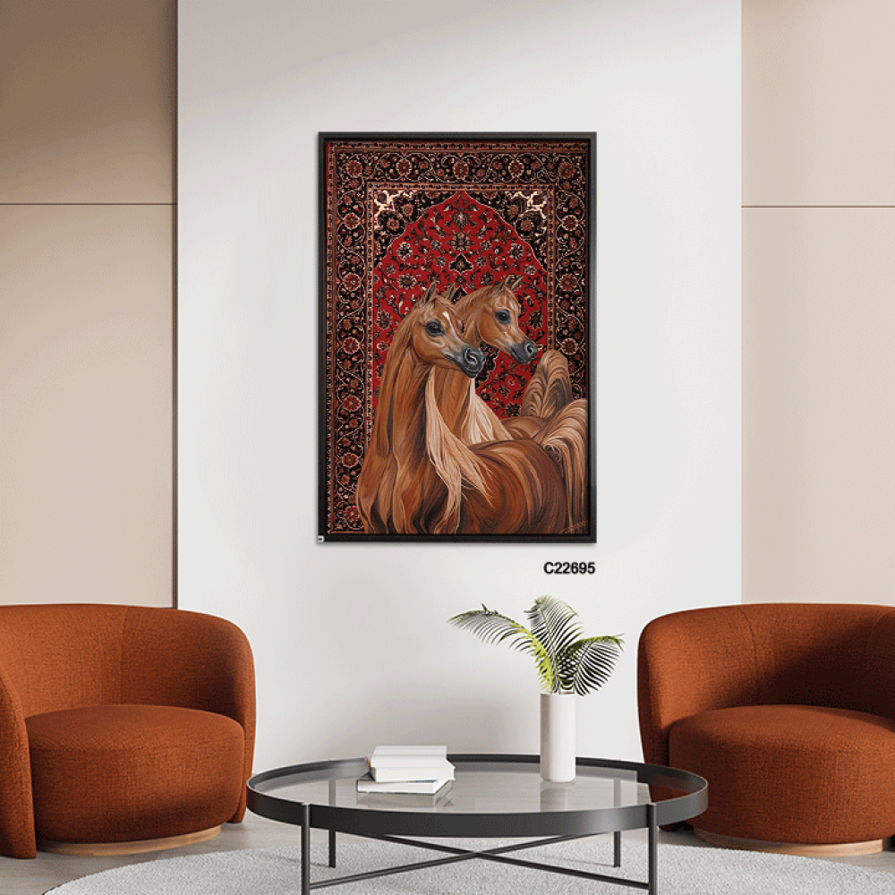 لوحة جدارية لخيول عربية اصيلة بخلفية من نقوش السجاد بتدرجات البني والاحمر