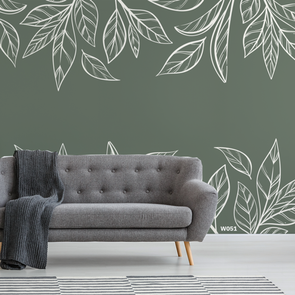 ورق حائط ، بتصميم لورق شجر بنمط تخطيطي باللون الابيض وخلفية خضراء