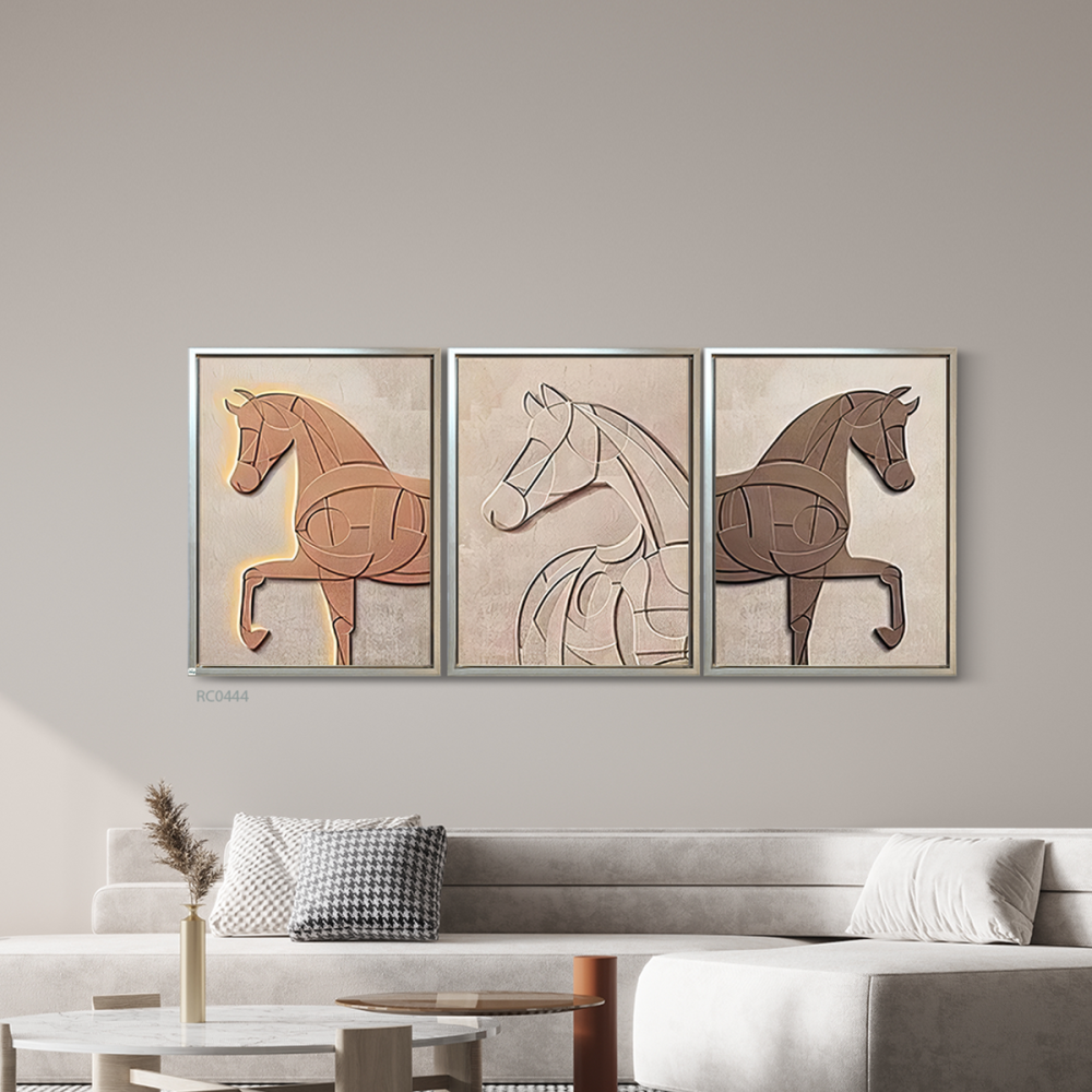 لوحة جدارية كانفس خيول تدرجات من البيج والرمادي والاسود