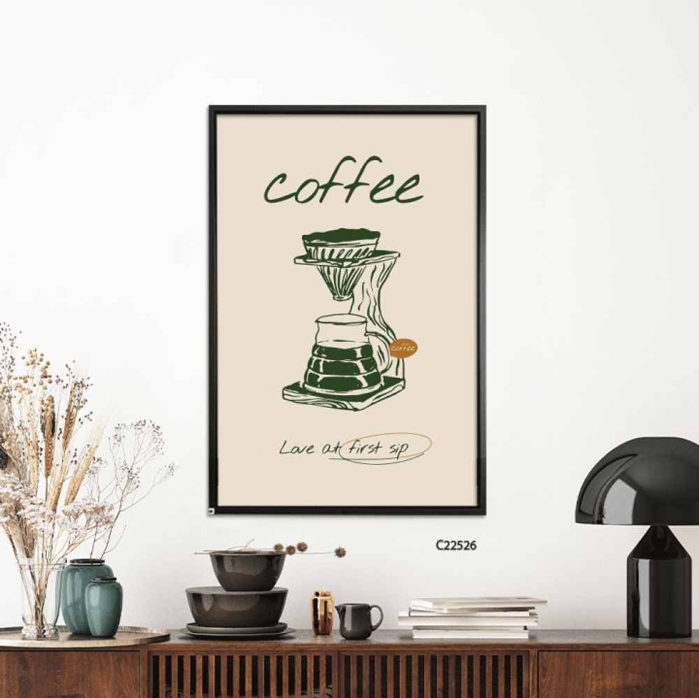 لوحة جدراية تصور ابريق تحضير القهوة اليدوية بالتنقيط بتدرجات الاخضر الغامق والبيج