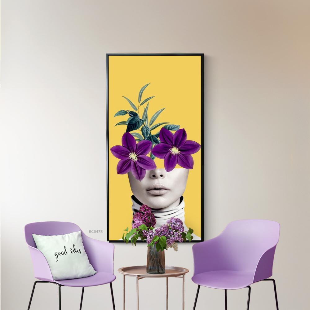 لوحة جدارية كانفس بتصميم يصور وجه امرأة وزهور على وجهه باسلوب حديث