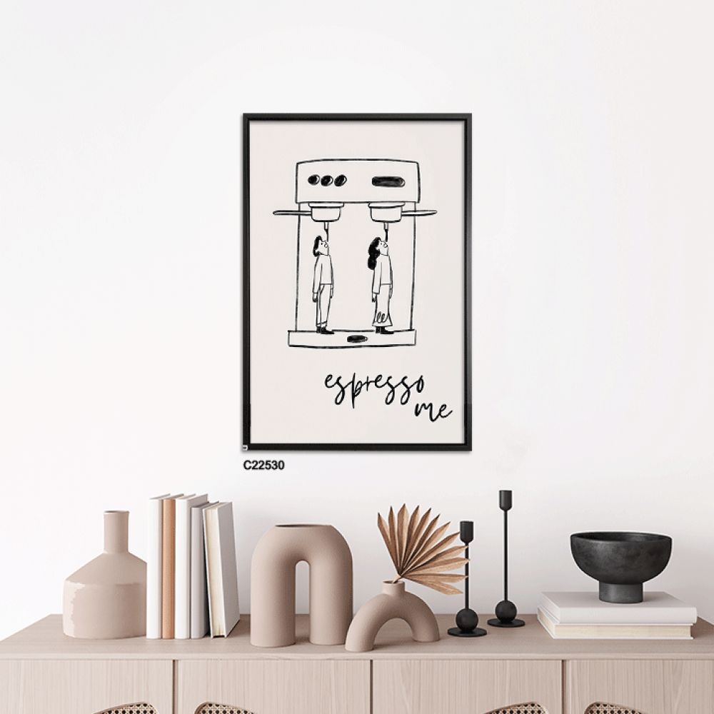 لوحة جدراية تصور الة قهوة كبيرة واشخاص بتدرجات الاسود والابيض