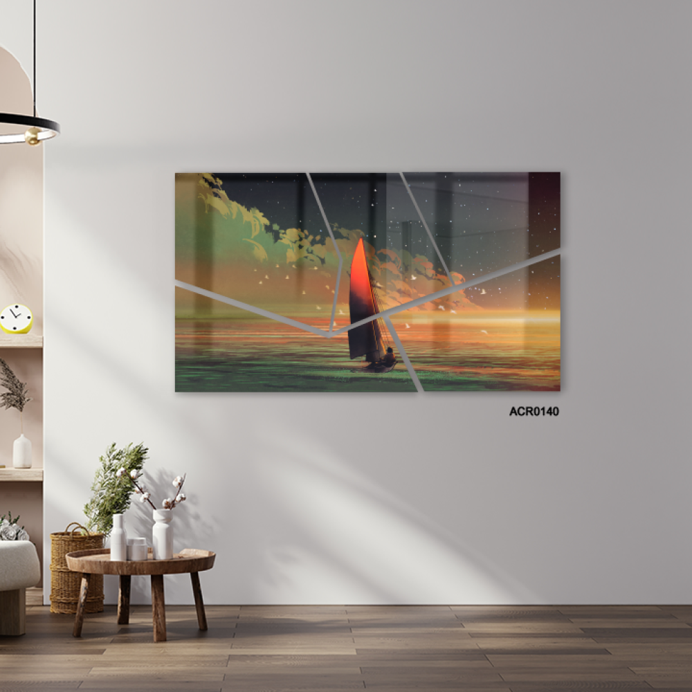 لوحة جدارية اكريليك بتصميم مقسم يصور قاربًا في البحر مع الشمس