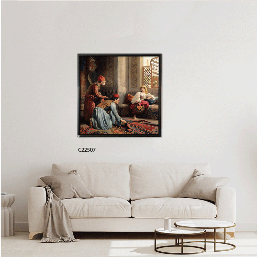 لوحة جدارية تصور بائع وسيدة في العصور الاسلامية القديمة تدرجات البيج والاحمر والازرق