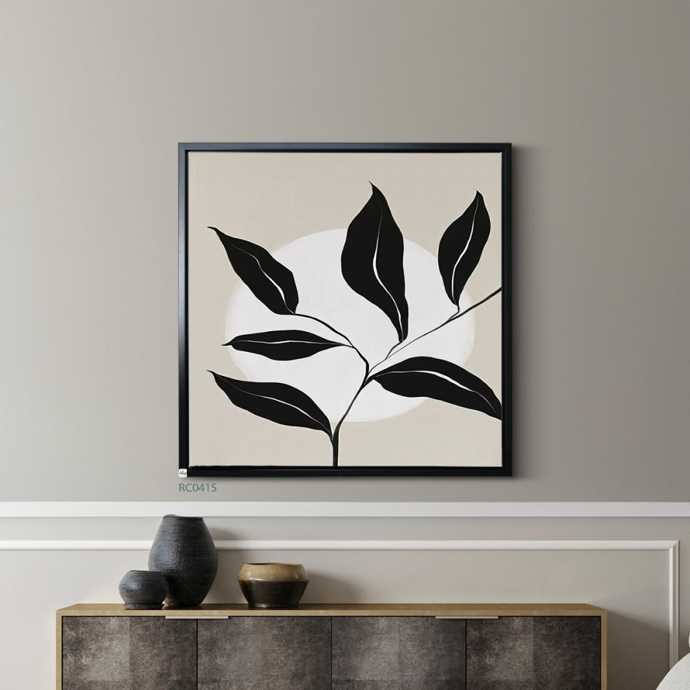 لوحة جدارية كانفس تظهر غصن بأوراق وخلفية بتدرجات البيج