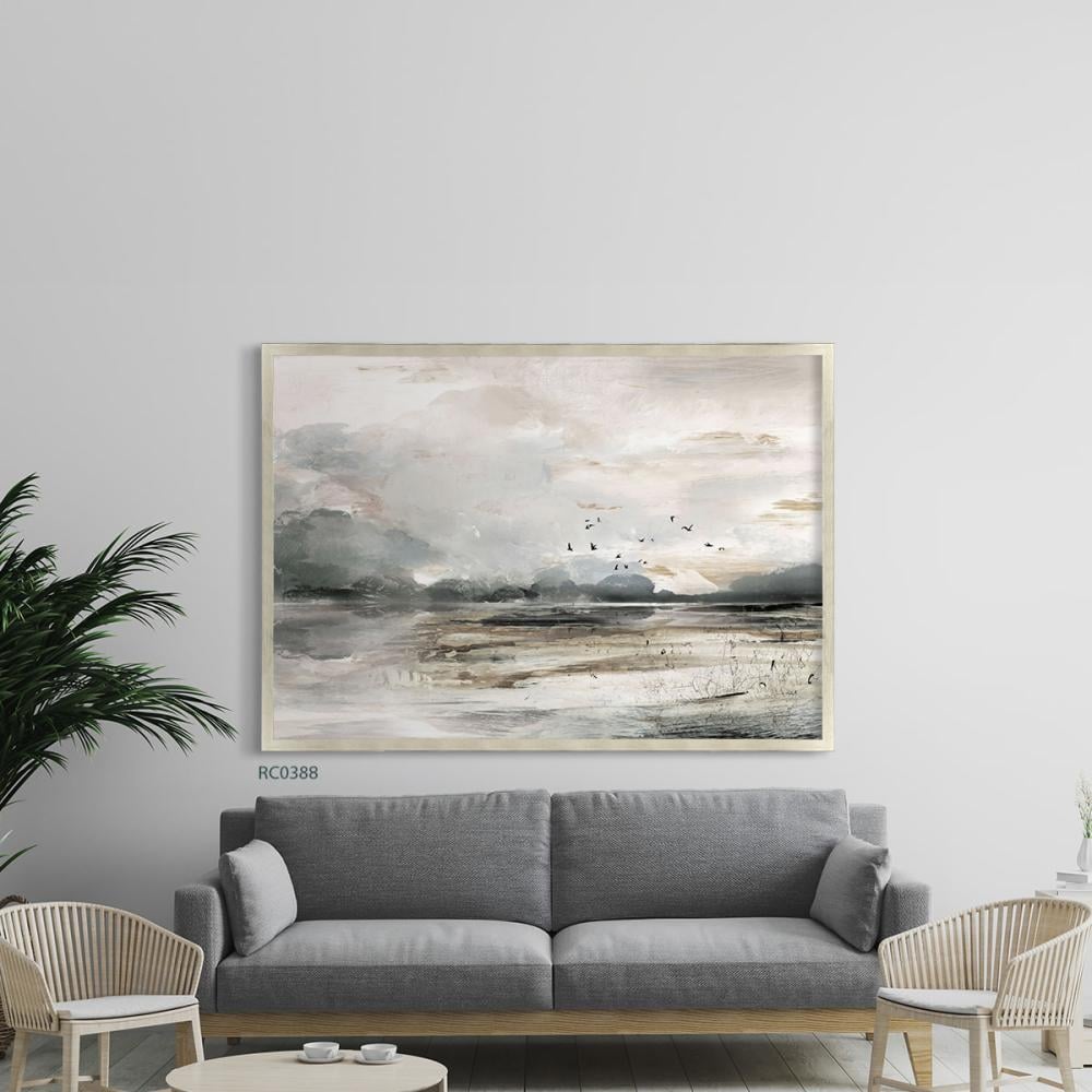 لوحة جدارية كانفس أمواج وسماء تدرجات رمادي وبني مع بيج