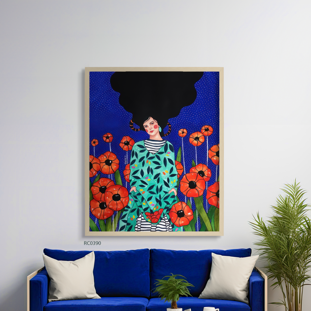 لوحة جدارية كانفس فتاة مع ازهار تدرجات البرتقالي مع التيفاني والكحلي