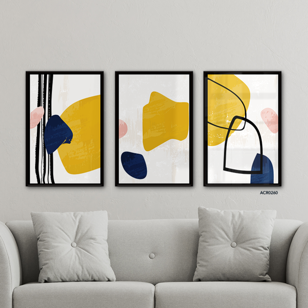 لوحة جدارية اكريليك أشكال متنوعة تدرجات الأصفر والأزرق مع الأسود