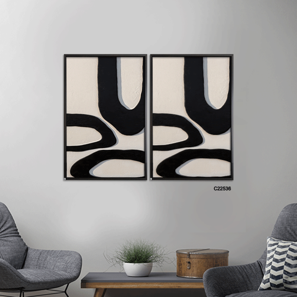لوحة جدارية  كانفس تصور أشكالًا عشوائية بتدرجات الأسود والبيج
