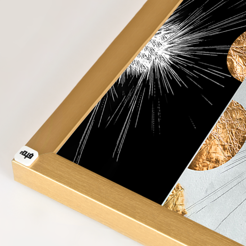 A black canvas wall painting with a golden semicircle