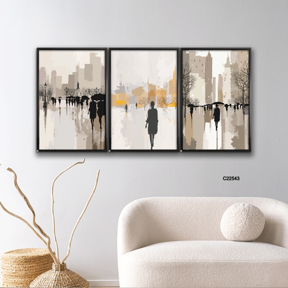 لوحة تصور اشخاص بتدرجات البيج والاصفر والرمادي والاسود