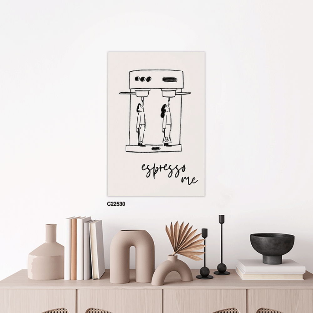 لوحة جدراية تصور الة قهوة كبيرة واشخاص بتدرجات الاسود والابيض