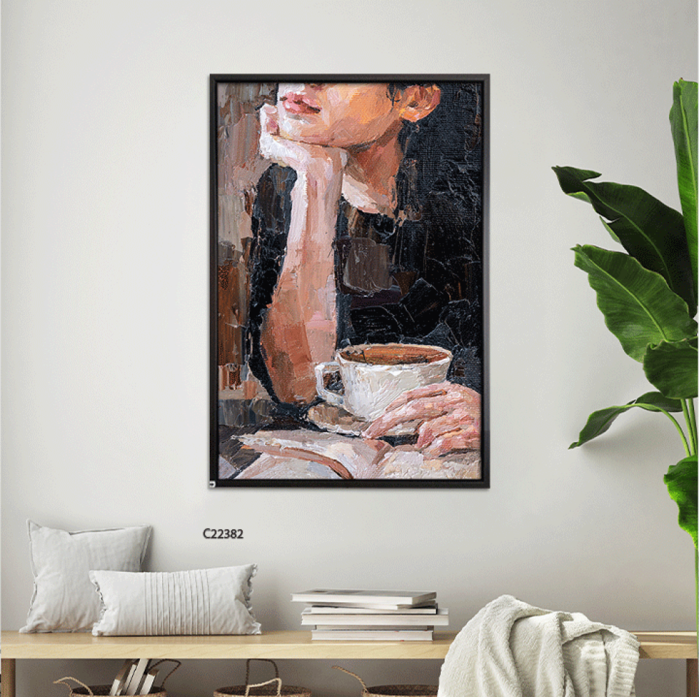 لوحة جدارية كانفس ،فتاة وفنجان قهوة تدرجات الاسود والبني والبيج