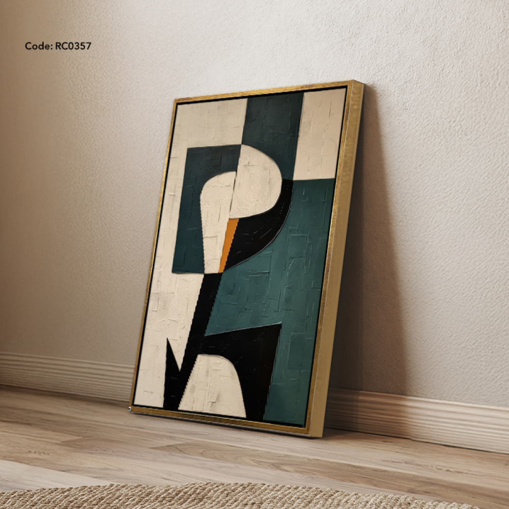 A canvas wall painting featuring a modern design in shades of green, beige, and black.
