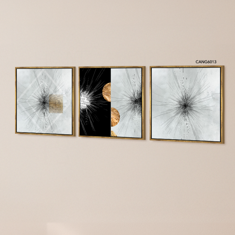 A black canvas wall painting with a golden semicircle