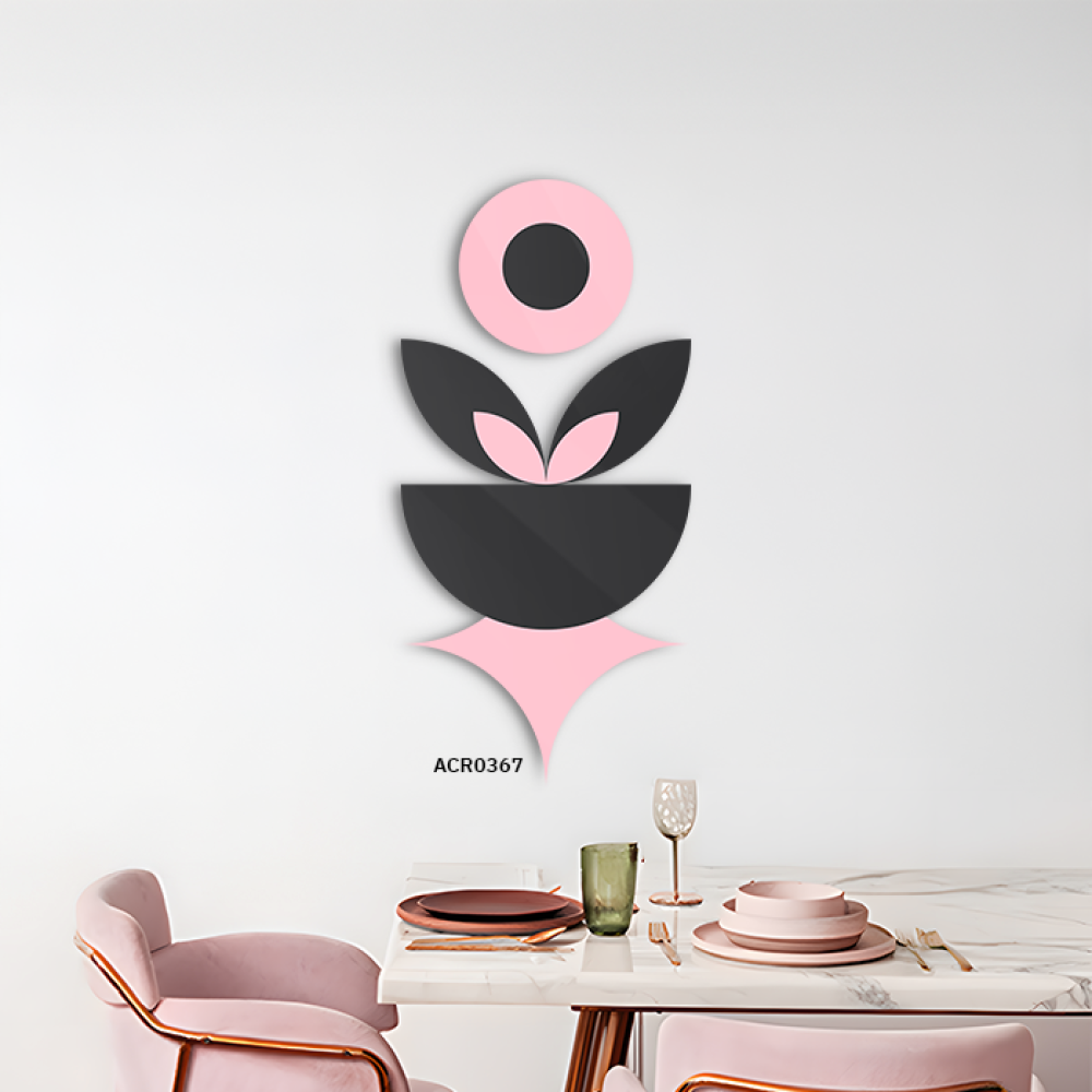 لوحة جدارية يبرز وردة متفتحة بألوان الوردي الزاهية، تقف في فازة سوداء أنيق