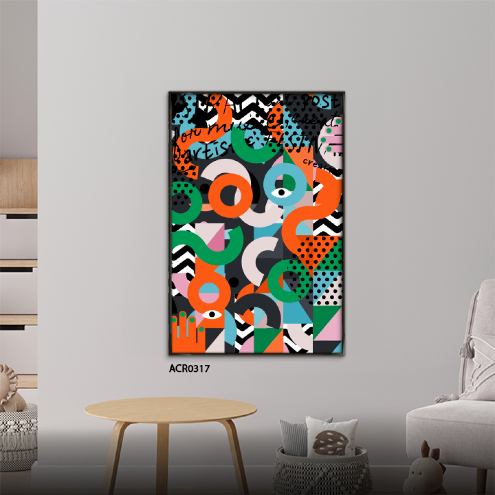 لوحة جدارية أكريليك عيون وتداخل ألوان الأخضر والأسود مع البرتقالي.