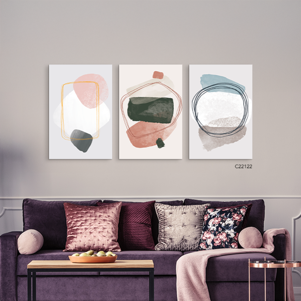 لوحة جدارية كانفس مقسمة ، أشكال - تدرجات الأخضر الزيتي مع الوردي  - فن بوهيمي