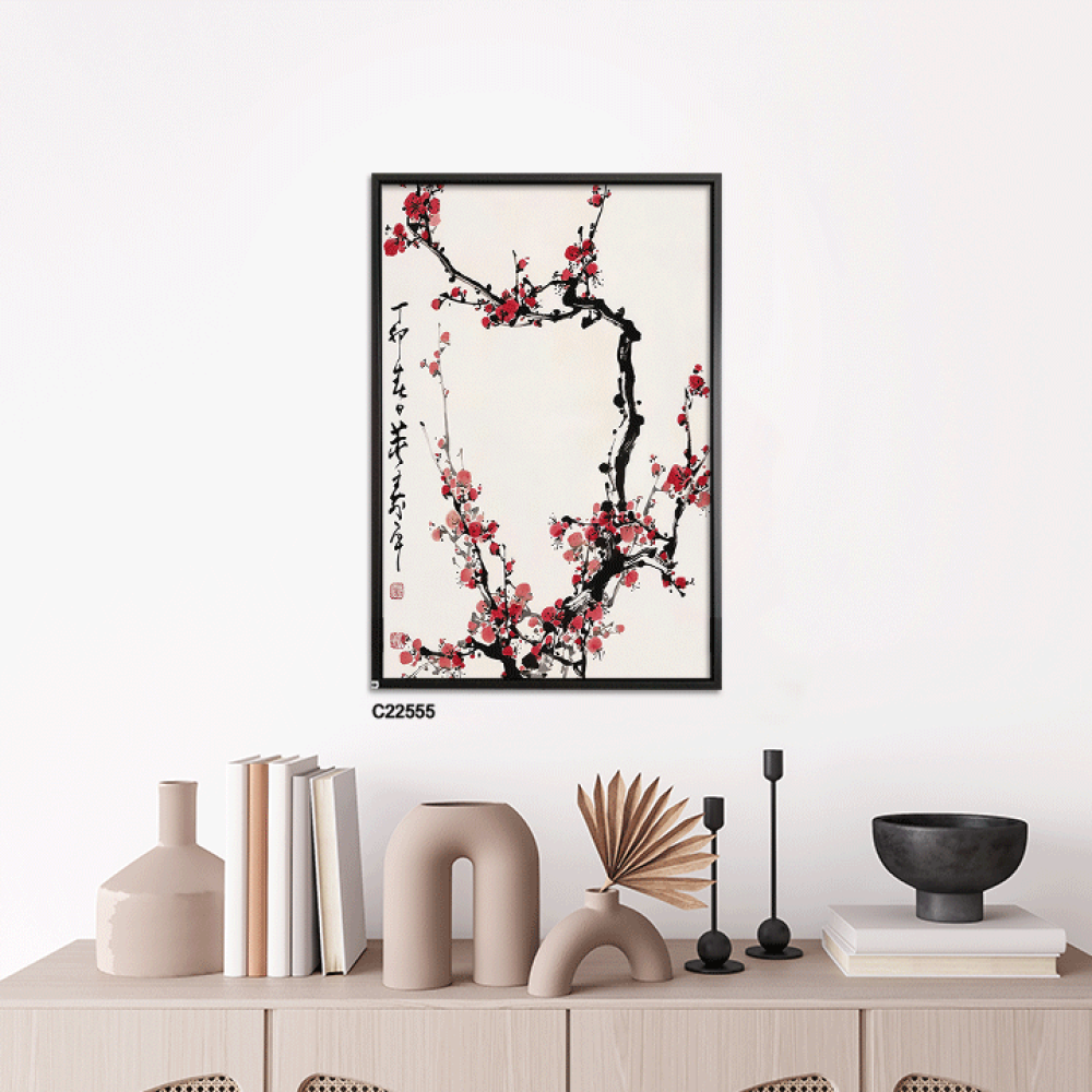 لوحة جدارية كانفس تصور فرع شجرة مزهر بتدرجات الاحمر و الاسود