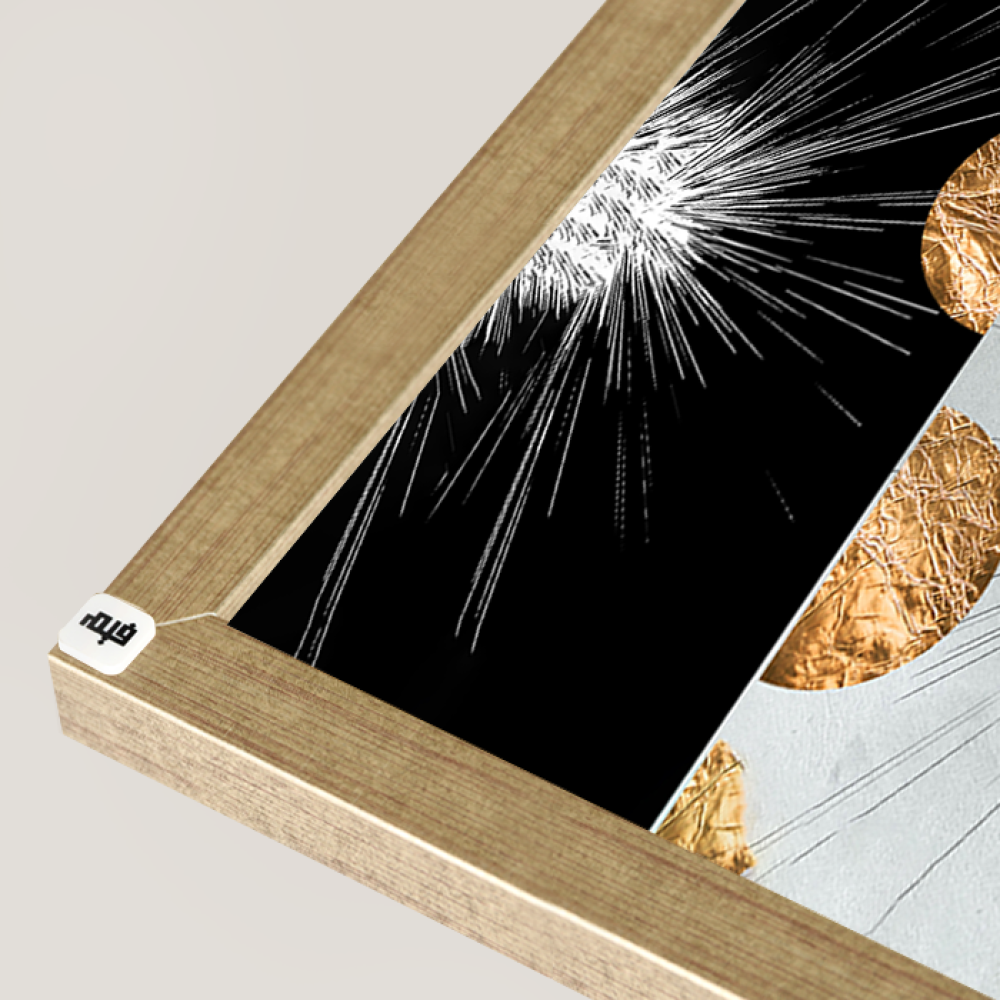 A black canvas wall painting with a golden semicircle