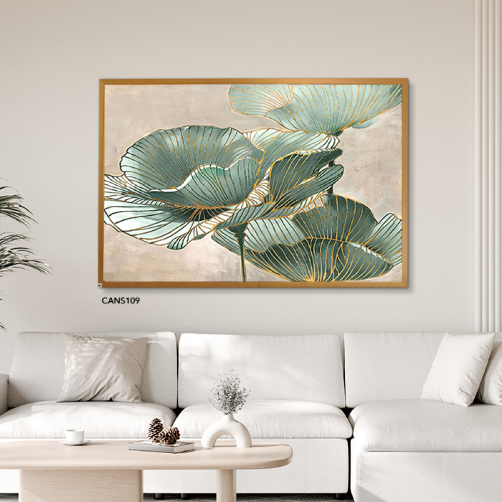 لوحة جدارية كانفس ورود تدرجات الأخضر والذهبي مع البيج