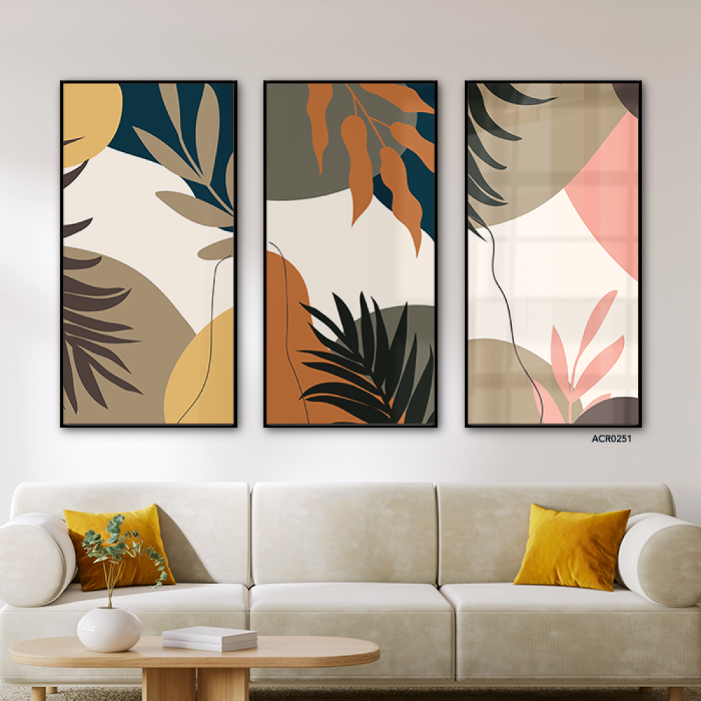 لوحة جدارية اكريليك مقسمة بأوراق الشجر بتدرجات اللون البني والبيج والأخضر والوردي