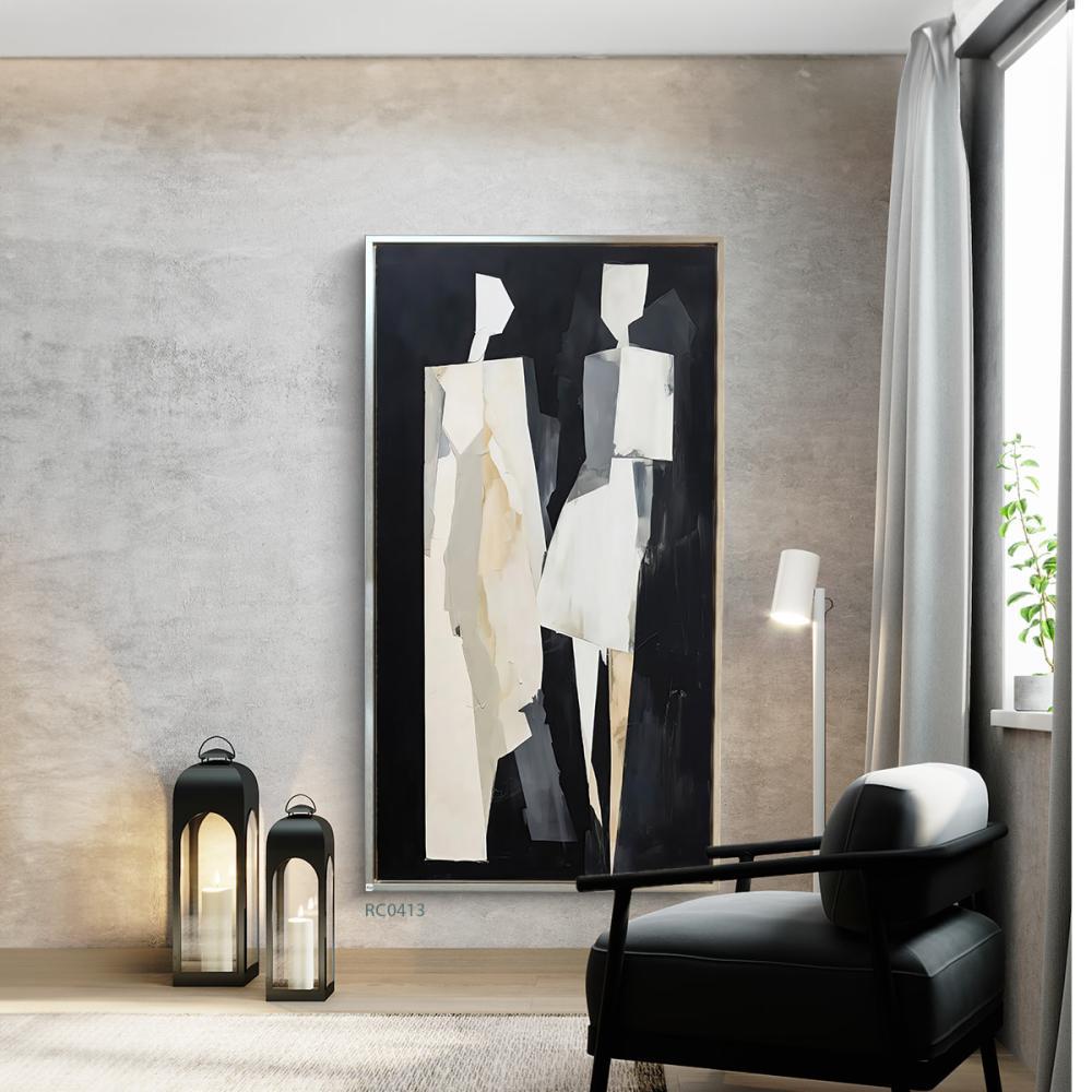 لوحة جدارية كانفس تصور اشخاص بطريقة تجريدية تدرجات البيج والاسود والرمادي