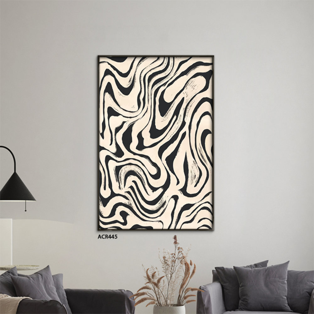 لوحة جدارية اكريليك تتميز بتصميم يشبه تموجات متداخلة باللونين الأبيض والأسود