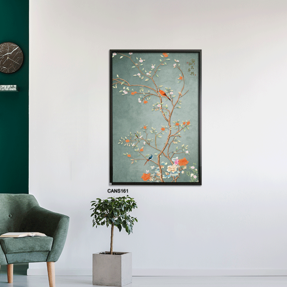 Canvas wall art, roses and branches - shades of green with white and orange - fine art