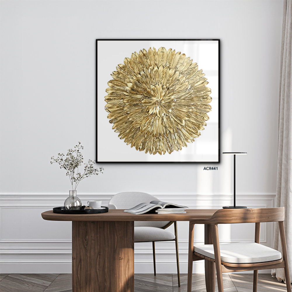 لوحة جدارية اكريليك بتصميم دائرة مشعة بتدرجات من الذهبي مع الأبيض