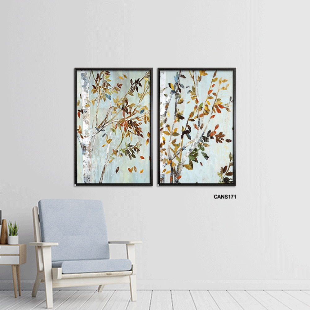 لوحة جدارية كانفس مقسمة أوراق وأغصان تدرجات البني والازرق