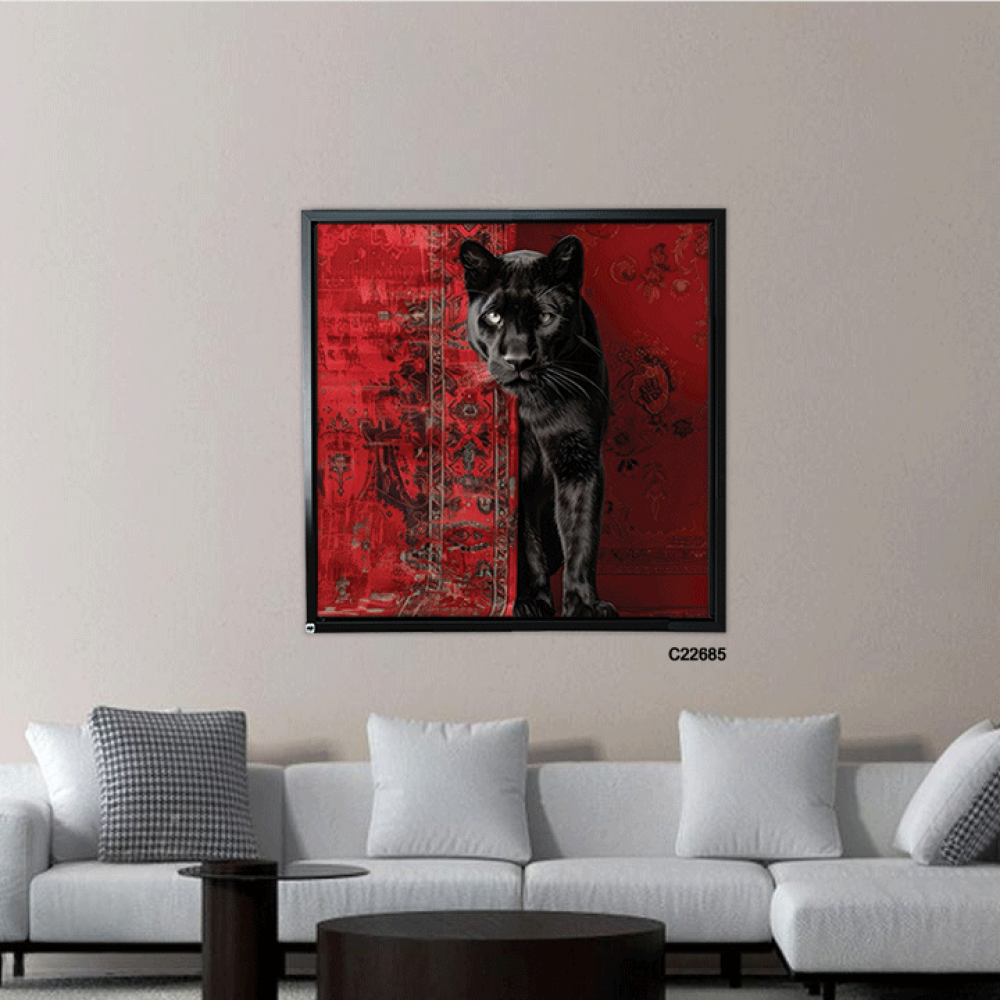 لوحة جدارية كانفس تصور نمر اسود يخرج من خلف سجاد باللون الاحمر