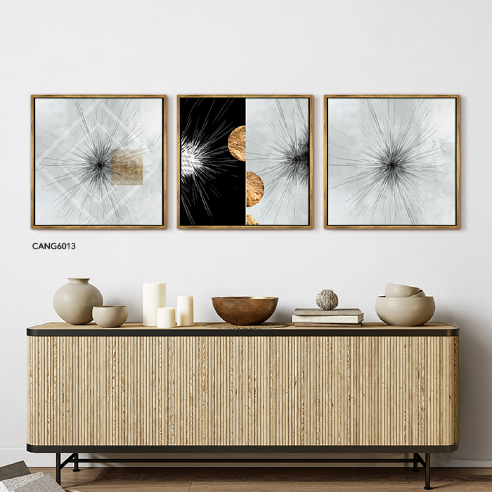 A black canvas wall painting with a golden semicircle