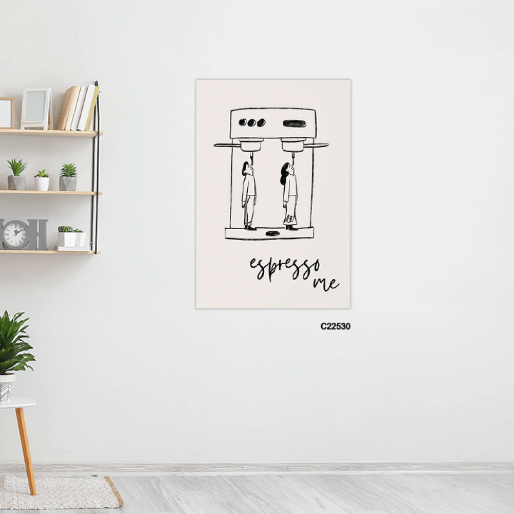 لوحة جدراية تصور الة قهوة كبيرة واشخاص بتدرجات الاسود والابيض