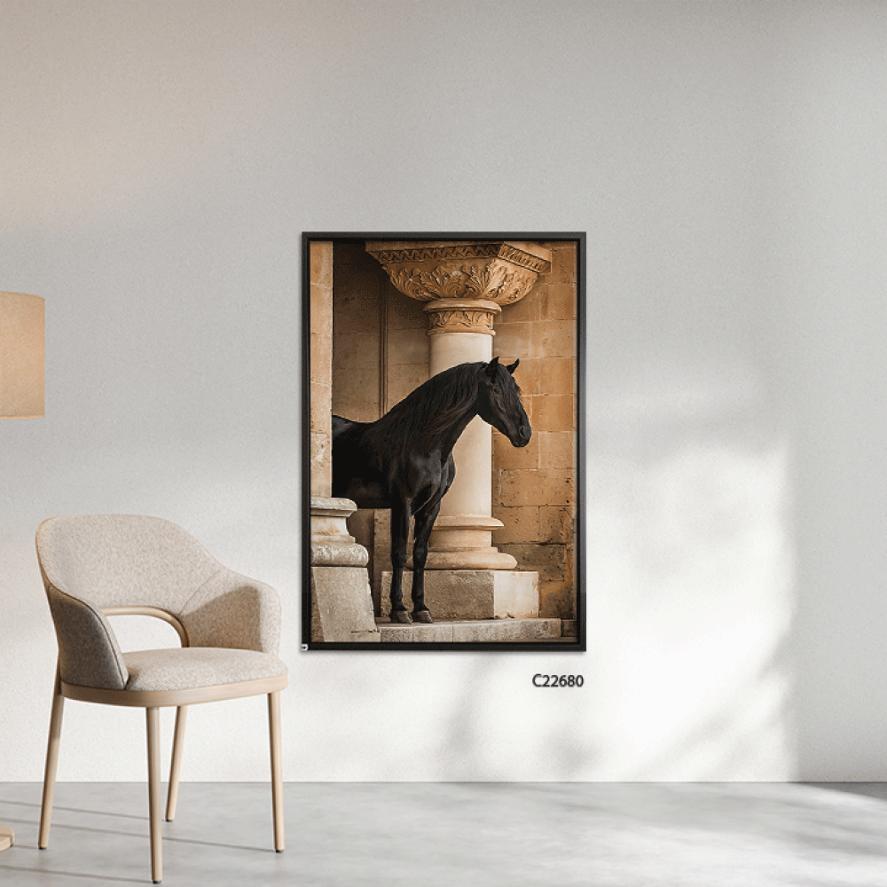 لوحة جدارية كانفس تصور خيل يقف داخل قلعة بتدرجات البني البيج والاسود