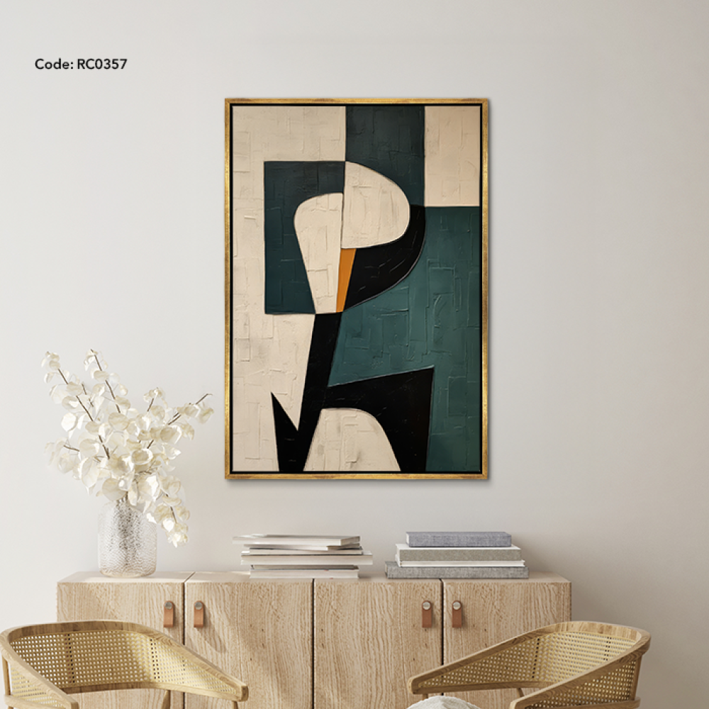 A canvas wall painting featuring a modern design in shades of green, beige, and black.