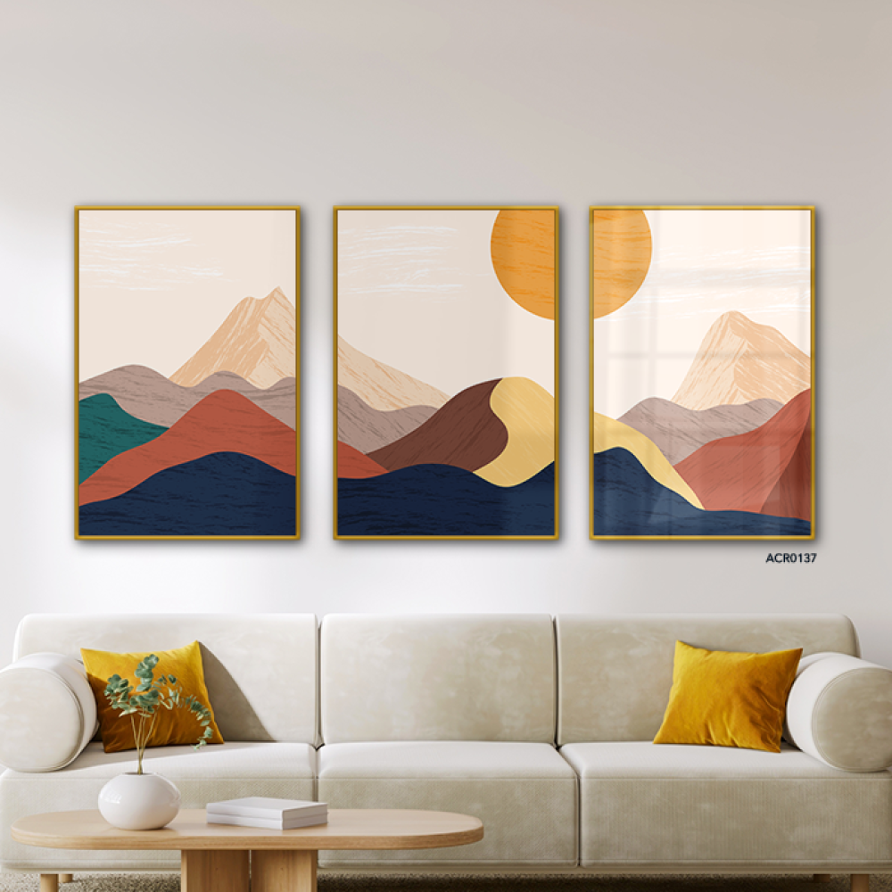 مجموعه من 3 لوحات جدارية اكريليك بتصميم جبال وشمس