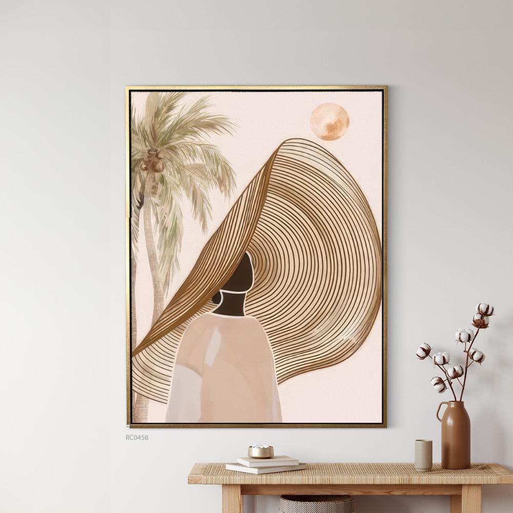 لوحة جدارية تصور فتاة بقبعة كبيرة بتدرجات البني والبيج والزهري