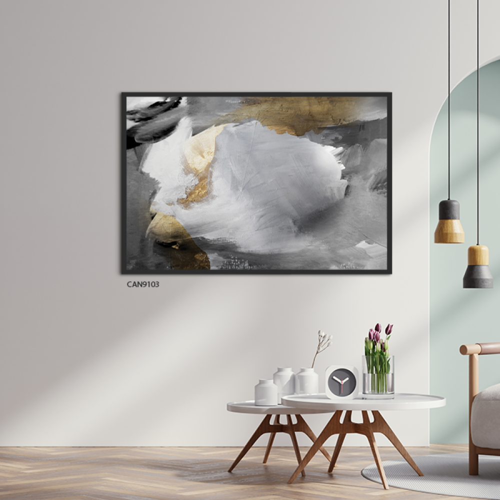 لوحة فنية جدارية كانفس ، تداخل ألوان  - تدرجات الذهبي والرمادي مع الأبيض - فن تجريدي