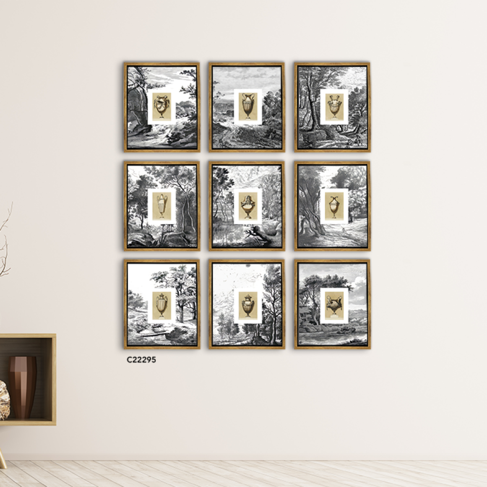 لوحة جدارية كانفس مقسمة اغصان واشجار تدرجات الرمادي مع الأسود والأبيض