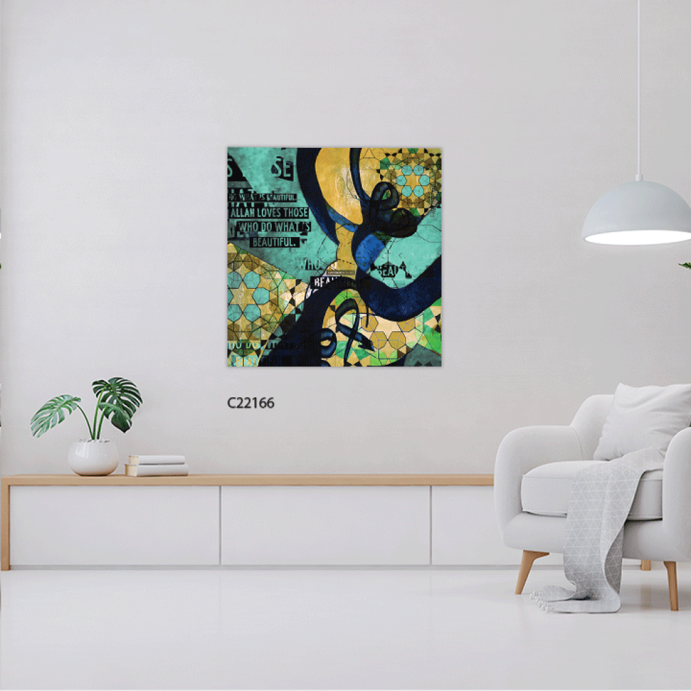 لوحة جدارية كانفس ، نقوش وتداخل ألوان  - درجات الأزرق والأخضر مع الأصفر والأسود